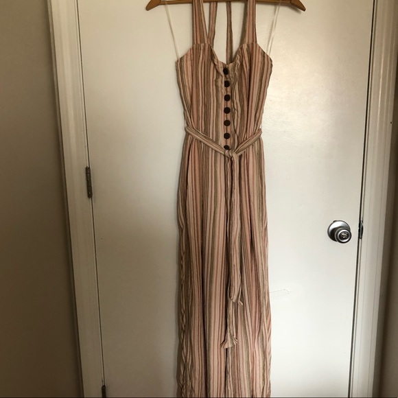 American Eagle Striped Tie Front Halter Jumpsuit button detail wide leg - Picture 7 of 13